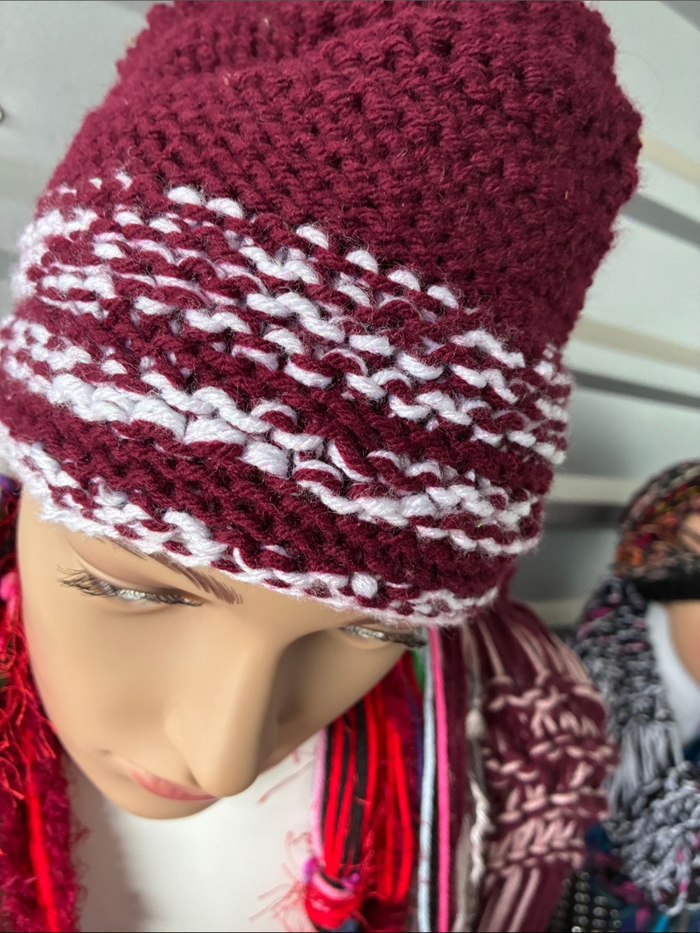 Kids Burgundy and White Knit Beanie - Cozy Winter Hat